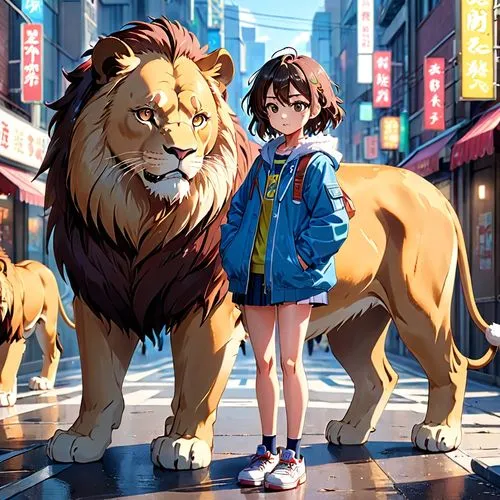 anime character,girl,lions,a person that is standing in the street,kon,lion,two lion,ghibli,studio ghibli,mandylion,Anime,Anime,Realistic