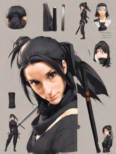 quiero que se vea como una artista marcial con un shinobi gi negro, vestida de color negro, como kunoichi. ninja mujer
agregarle un ninjato o katana
un poco mas de lejos.
,an illustration of a woman h