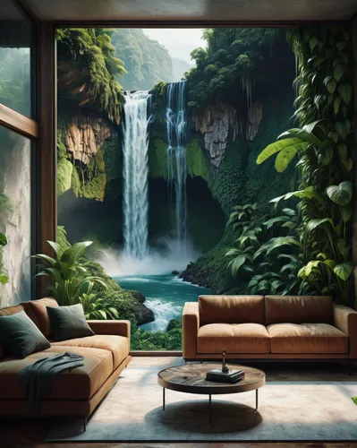 (a living room interior: 1.3) of an modern house, 3d optic of a close up from a modern microchip, Industrie art, digital art, modern art, nature friendly, on a jungle cliff, a window view to (a waterf