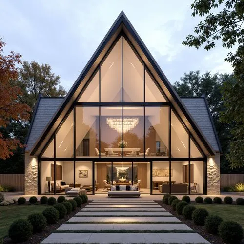 A hyper-realistic, high-resolution architectural photograph of a contemporary luxury home with a dramatic A-frame glass façade, showcasing a soaring vaulted ceiling and warm interior lighting. The str