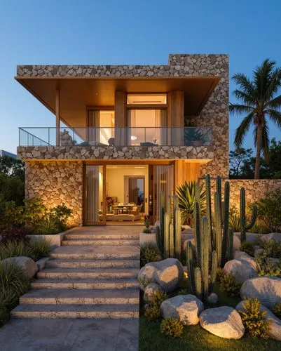 A tropical-modern house with stone and wood cladding. The exterior features desert landscaping with tall cacti and boulders. Warm lighting accentuates the facade's textures, while a staircase leads to