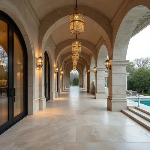 Design a villa with vaulted ceilings, modern chandeliers, and luxurious natural stone finishes.,there are several columns that lead to many windows in the building,colonnade,breezeway,enfilade,hallway