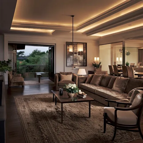Beautiful modern  contemporary style interior  living room ,a room with two brown couches and large rug Oasis Designs ,luxury home interior,minotti,natuzzi,interior modern design,contemporary decor,mo