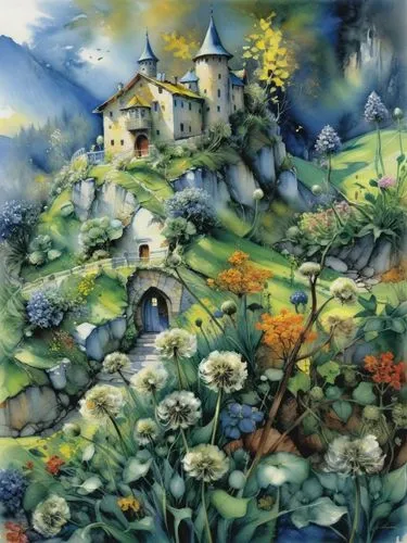 Дом на горе, одуванчики,a painting of flowers and a castle in the background,fairy village,alpine village,home landscape,mushroom landscape,aurora village,alpine pastures