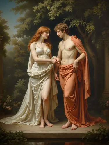 Classic couple,a painting showing two people in front of trees,apollo and the muses,hylas,pygmalion,telemachus,dossi,hippomenes,aeneid,adam and eve,alcestis,charmides,hesperides,daphnis,poppea,garaman