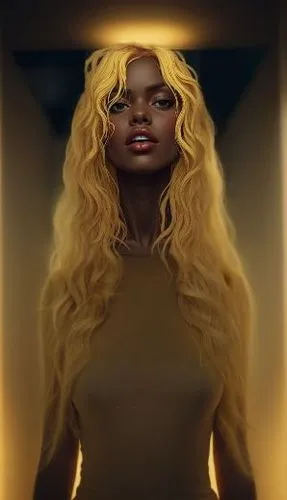 the portrait of the young woman in the doorway is very realistic,prophetess,aurora yellow,canary,luminous,adagio,blonde woman