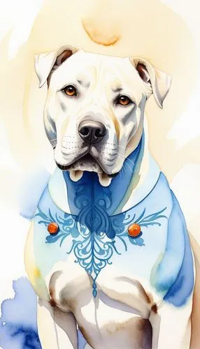 a painting of a white dog with blue collar and necklace,watercolor dog,english bull doge,staffordshire bull terrier,amstaff,dog illustration,american staffordshire terrier