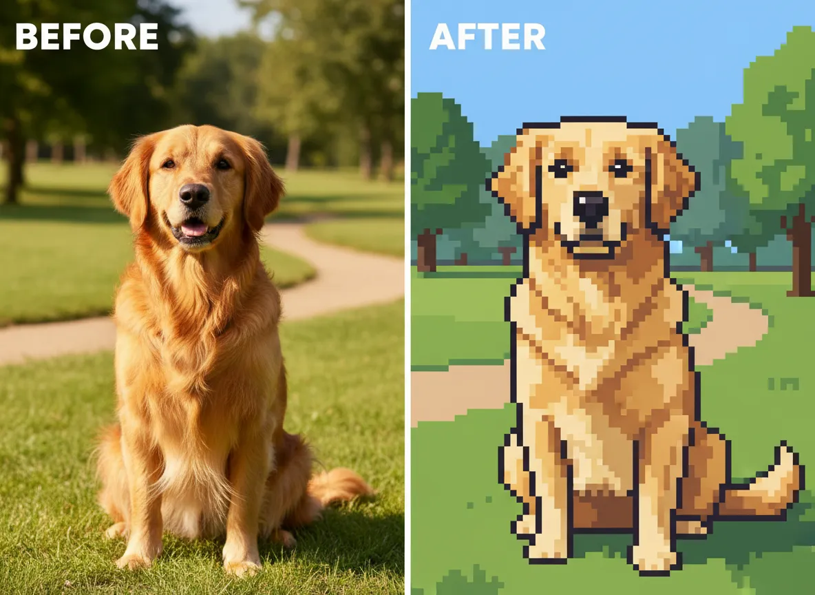 Ein Vorher-Nachher-Bild, das die Verwandlung eines echten Fotos eines Hundes in eine charmante Pixel-Art-Version zeigt.