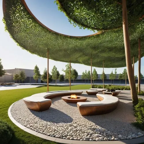  Visualize a public resting area with suspended, floating canopies that provide shade and protection from the elements. The seating area is a series of smooth, organic shapes, almost like oversized pe