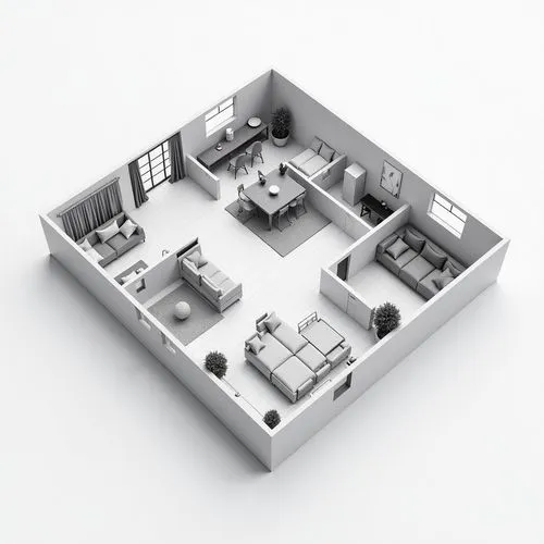a floorplan 3d icon, black an white, designed in illustrator, axonometric view, minimalistic, elegant, UI/UX web design black and white
,a 3d rendering of an apartment with furniture,floorplan h