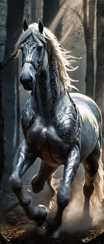 Fantasy war horse, majestic stallion, powerful muscles, shining armor, silver bridle, flowing mane, gleaming eyes, detailed scales, medieval-inspired saddle, intricate engravings, battle scars, pranci