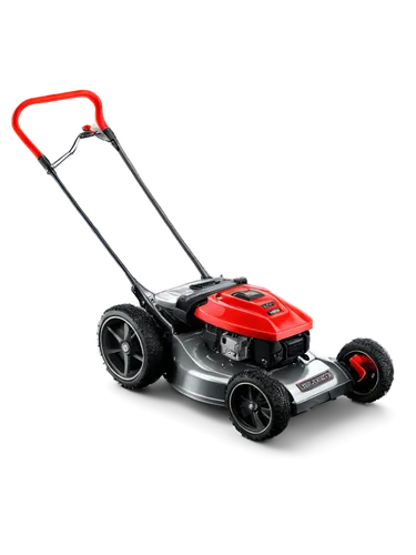 Lawnmower, green grass, shiny metal body, red handle, black wheels, detailed engine, realistic texture, morning dew, soft sunlight, 3/4 composition, shallow depth of field, warm color tone, cinematic 