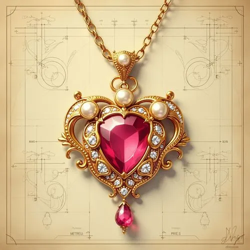 A gold and pink gemstone necklace with eyes, digital painting in the style of Sailor Moon. The pendant is adorned with pearls and diamonds. It has an elegant design with swirling patterns that resembl