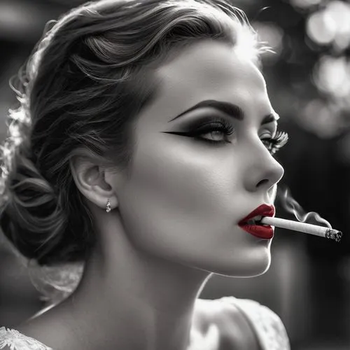 photorealistic black and white image, only her lips are red, of a side view of a woman in a white dress, heavy dark eyeliner, long lashes, with an unlit cigarette in her mouth, a man's hand reaching o