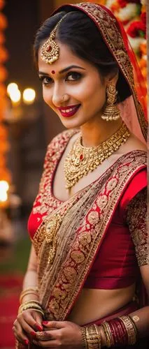 Indian bride, red traditional saree, gold jewelry, nose ring, bindi on forehead, dark long hair, elegant makeup, bright red lipstick, henna on hands, intricate design on feet, beautiful brown eyes, sm