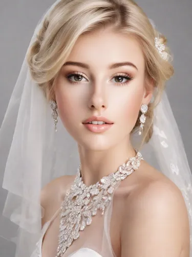 Pretty blonde bride, feminine, professional studio shot, bridal magazine editorial. Photorealistic.,bridal jewelry,blonde in wedding dress,bridal accessory,bridal clothing,bridal dress,bridal,wedding 