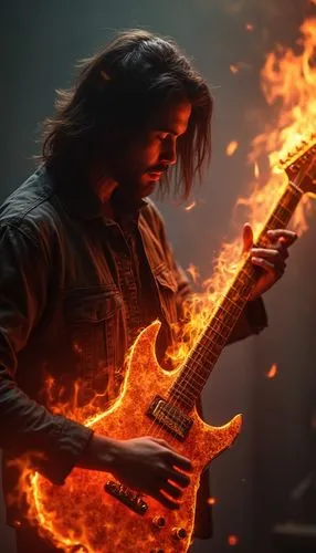 realistic guitarist plays with a burning guitar,an image of a man that is holding a guitar,incinerate,combustion,blackened,hellfire,lake of fire,fire artist,riffs,guitar solo,firebrand,rain of fire,fl