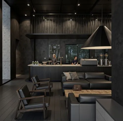 A moody and modern café with dark tones and industrial elements. The walls and ceiling are clad in black textures, with track lighting and a minimalist coffee counter. The seating area features leathe