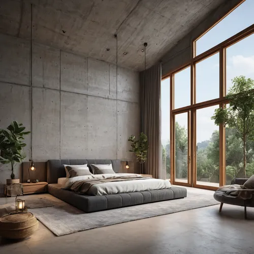 duplex big Concrete House bed room  

 ,modern room,loft,concrete ceiling,modern decor,bedroom,exposed concrete,great room,interior modern design,interior design,sleeping room,contemporary decor,livin