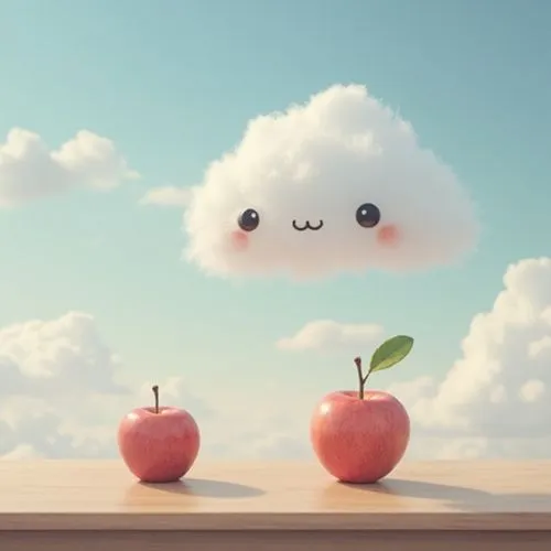 fluffy the cute cloud floating in sky and a cute apple placed on small table looking at fluffy ,apple halves with a cloud shaped like a smiling face on a table,cloudmont,cloud mushroom,about clouds,cu
