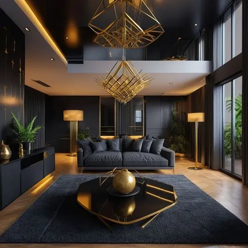 BLACK THEME ,HIGHLY LUXURIOUS BLACK WITH SOME GOLD INTERIOR ,ULTRA 32K REALISTIC,modern decor,modern living room,interior modern design,apartment lounge,contemporary decor,interior design,living room,