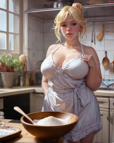 vor ihr auf dem holztisch liegt eine holzschüssel mit mehl und einem holzlöffel. ,young blonde woman in a kitchen,girl in the kitchen,housewife,kitchen work,big boobs,apron,young woman