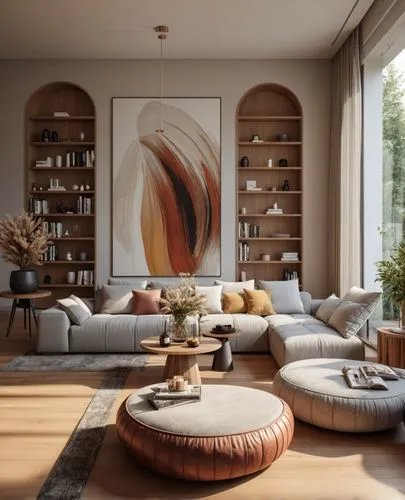 interior design,the room features a circular couch, large bookshelf, and a round coffee table,livingroom,living room,minotti,danish furniture,modern living room,modern decor,sitting room,contemporary 