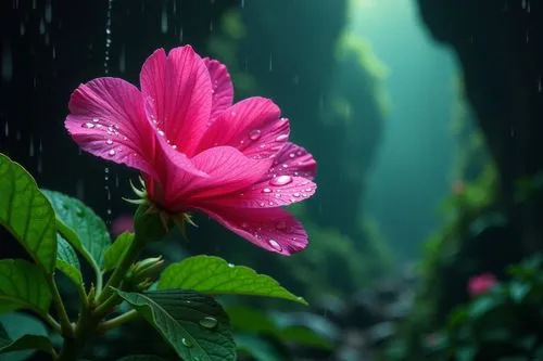 Capture the essence of a blooming flower after a gentle rain. Focus on a vibrant pink petal, glistening with raindrops, set against lush green foliage. Highlight the texture of the petals and leaves, 