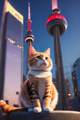  a cat in Toronto with CN Tower and yonge street Dundas Square, studio Ghibli, Pixar and Disney animation, sharp, Rendered in Redshift and Unreal Engine 5 by Greg Rutkowski, Bloom, dramatic lighting,c