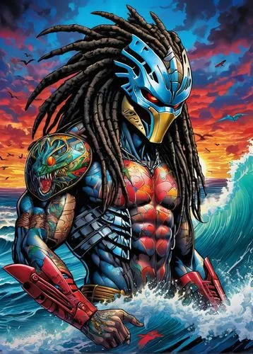 ((dragon dark alien warrior "predator", blue eyes, dreadlocks, surf big wave spiral crystal fibonaci black and rainbow, lots of red hearts in sky)). Sunset and lightning with lots of birds,.This trans