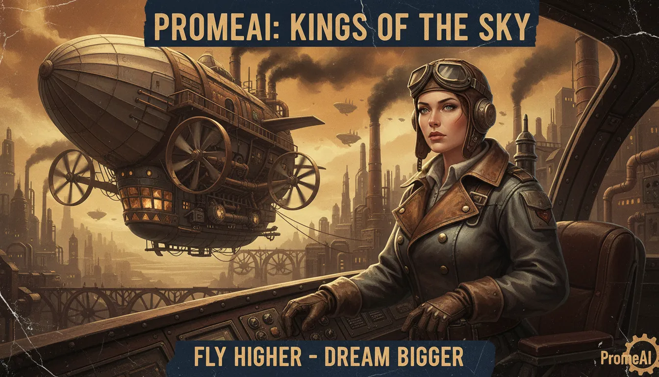 一张使用 PromeAI 创作的细节丰富的柴油朋克海报，画面中一位女飞行员站在一艘复杂的齐柏林飞艇前，背景是工业城市。