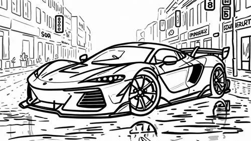 Style: Design Sketch-Detailed Outline,a car with the hood up on in a cartoon scene,coloring pages,coloring page,porsche 918,sports car,viper gts,cartoon car,muscle car cartoon,illustration of a car,gr