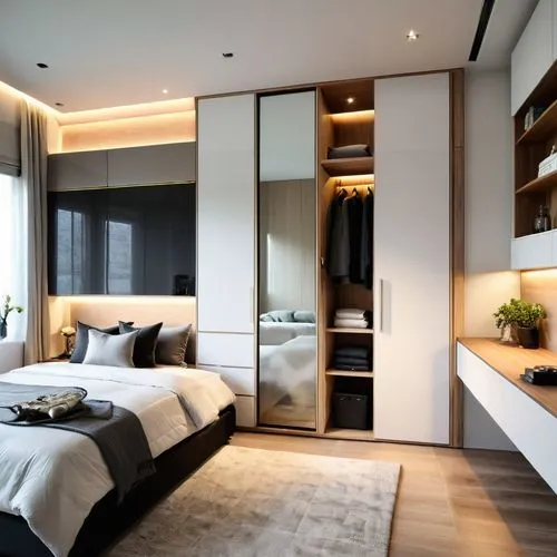 This room exemplifies minimalist aesthetics with its clean lines and neutral colors. The use of tile flooring for the floor and the wardrobe complements the overall warm and inviting ambiance of the s