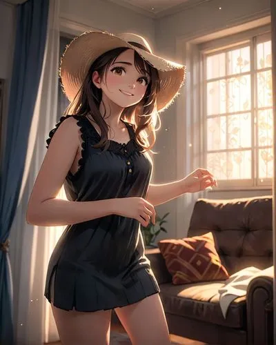 An anime of a beautiful young woman, 23 years old, with long dark hair falling over her shoulders and expressive brown eyes. She is smiling and wears a delicate rose tucked into her hair. Dressed in a