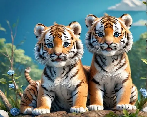 A close-up, high-resolution 3D render: Two small Siberian tigers, brown and gray, are positioned on the right side of the image, standing next to each other. The first cub is facing the left, with bot