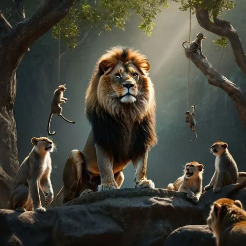 an old lion while some monkeys' are playing together over his head,the lion is standing on a rock with several other monkeys,king of the jungle,lion father,forest king lion,male lions,lion king,lions,