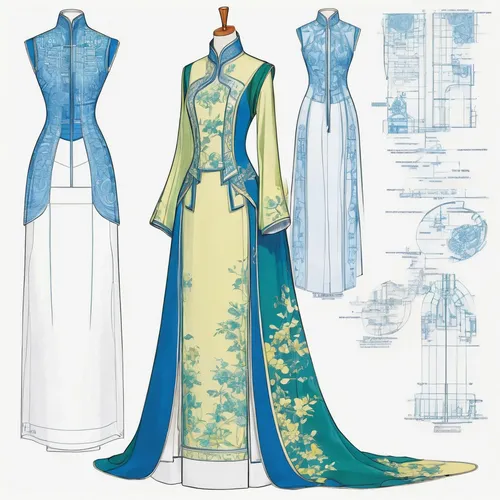 Fashion design, Chinese style dress, serene blues, elegant greens, and graceful yellows.,costume design,ao dai,ball gown,suit of the snow maiden,hanbok,jasmine blue,dress form,fashion design,academic 