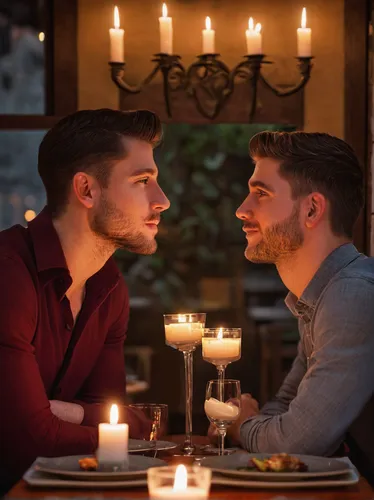 A romantic dinner date at a cozy candlelit restaurant for a gay couple,romantic dinner,romantic night,romantic portrait,romantic meeting,candle light dinner,romantic scene,dinner for two,candlelights,
