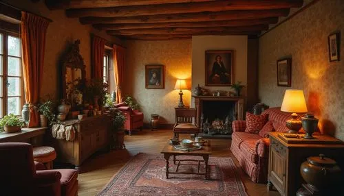 A warm and nostalgic indoor atmosphere with earthy tones and vintage patterns. The walls are adorned with intricate wallpaper, while wooden furnishings with a natural finish enhance the rustic charm. 