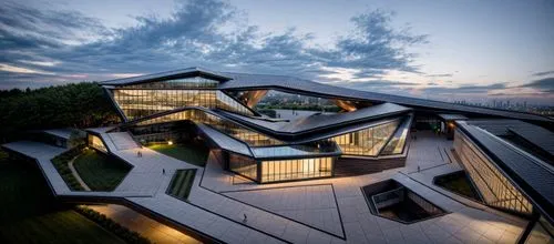 (at dusk:1.3),japanese architecture,cube house,roof landscape,modern architecture,futuristic architecture,asian architecture,cubic house,dunes house,archidaily,chinese architecture,folding roof,modern