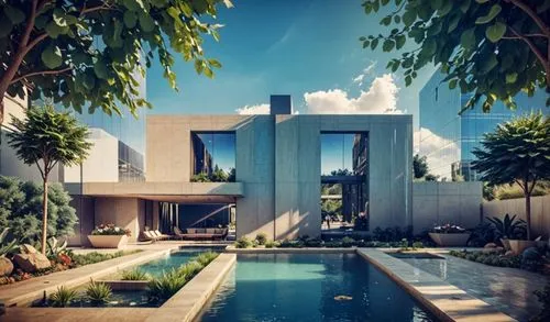 street garden  falling water pool landscape citycenter people
,there is a house with a swimming pool in front of it,modern house,modern architecture,mid century house,dunes house,contemporary,beautifu