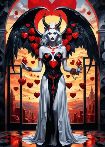 ((a woman lucifer, in a building black and white, lots of red hearts))). Sunset. This transformation is captured in high-definition. Surrounding iridescent bodies are scattered in the center, depictin