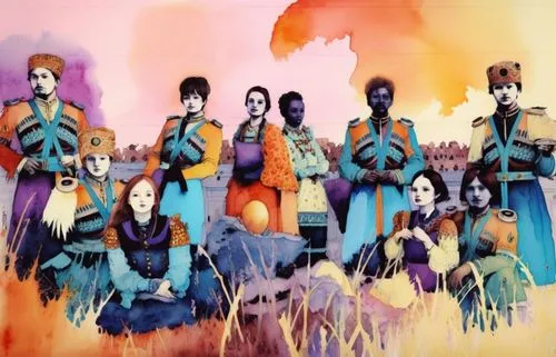 a picture of the people in colorful clothes,peptides,troubadours,overtone empire,harlequins,samurais,rainbow jazz silhouettes