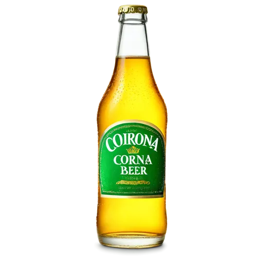 Clear glass bottle, Corona beer logo, green label, golden beer liquid, thin rim, narrow neck, rounded body, transparent glass, reflective surface, shallow depth of field, warm lighting, 3/4 compositio