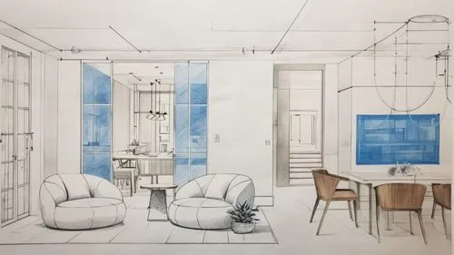 an illustration of a drawing of a modern living room,renderings,habitaciones,an apartment,watercolor tea shop,breakfast room,apartment,penthouses,renovation,dining room,blue room,study room,sketchup,c