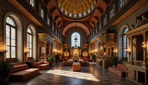 Ornate Byzantine church, intricately carved stone facades, golden mosaics, vibrant stained glass windows, rustic terracotta roofing, ornamental brickwork, polished marble floors, gilded iconostases, r