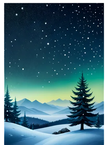 Snowy landscape, north pole, winter season, icy mountains, snowflakes gently falling, aurora borealis, starry night sky, festive holiday decorations, Christmas trees, pinecones, misty atmosphere, soft