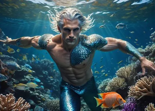 Male sea elf, muscular torso, shimmering aqua scales, flowing silver hair, ocean-blue eyes, sharp facial features, elegant fins, intricate shell accessories, swimming pose, underwater scene, coral ree
