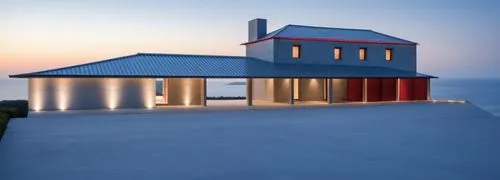 leds, red roof, stone walls,the exterior of a house with light shining on it,lifeguard tower,beach house,summer house,red roof,pool house,dunes house,light station,beach hut,stilt house,frame house,da