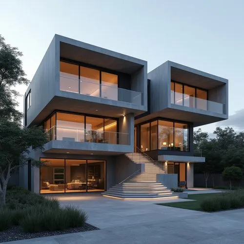A hyper-realistic, high-resolution architectural photograph capturing a striking, multi-level contemporary home constructed primarily from smooth, exposed concrete. The design is characterized by dram
